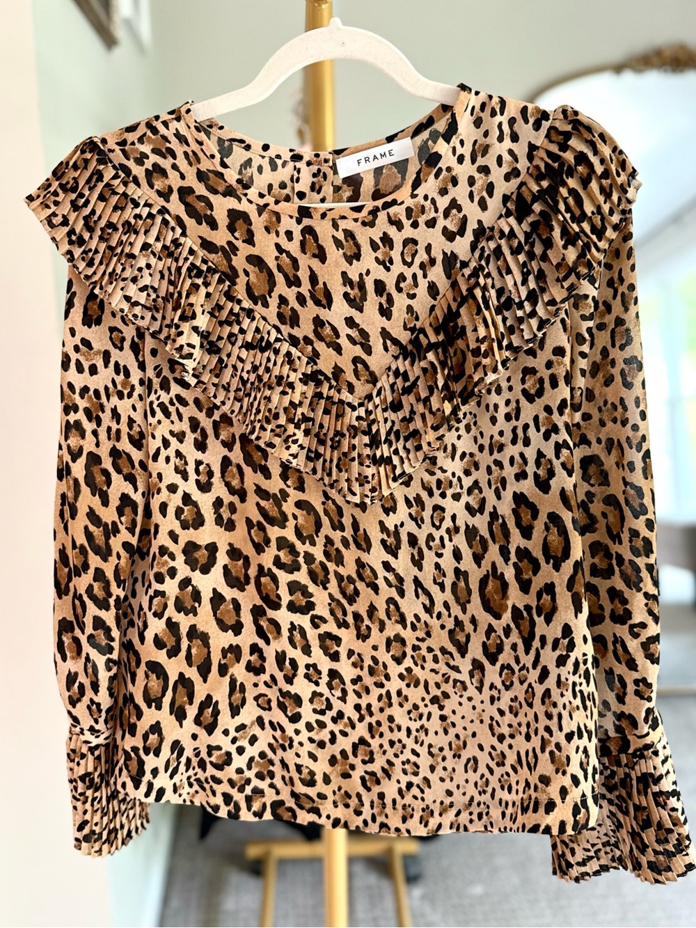 FRAME Leopard-Print Pleated Blouse - Size Small